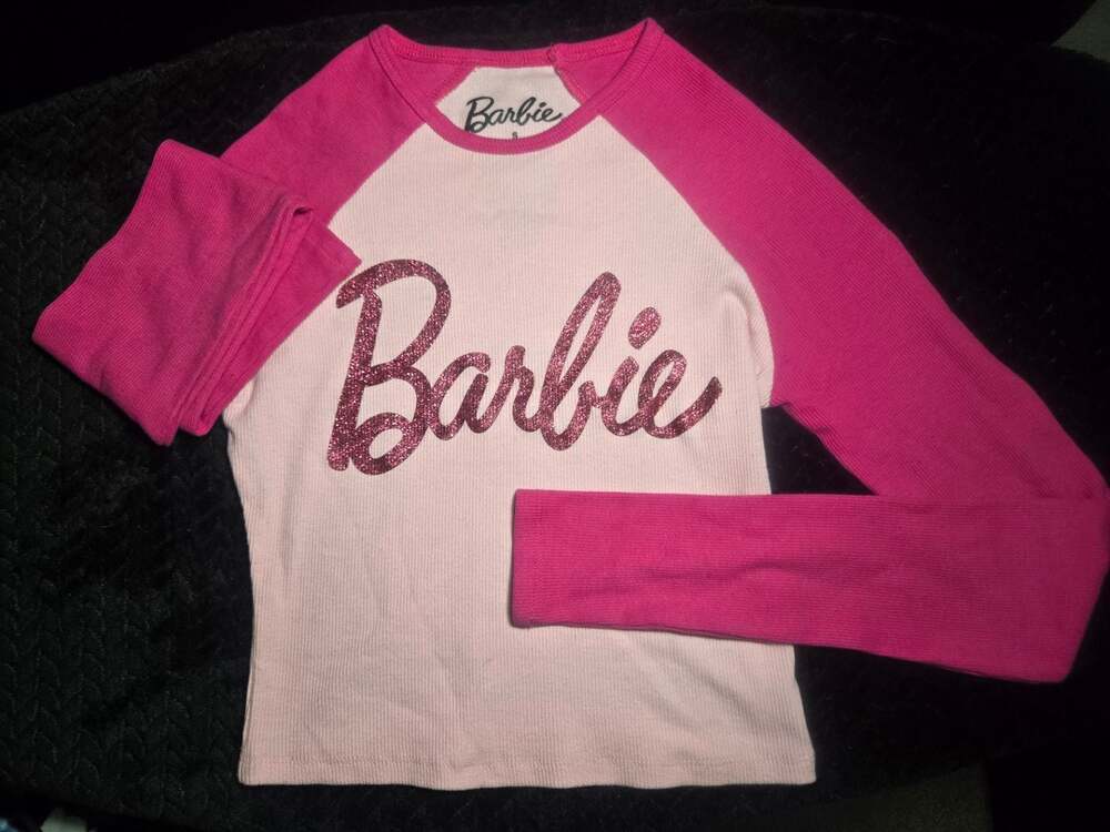 Barbie Pink and White Long-Sleeve Ribbed Raglan Shirt with Glitter Logo
